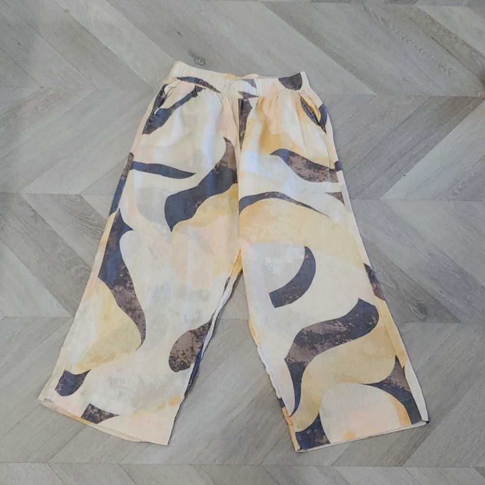 Rachel Zoe New York Wide Leg Pull On Crop Linen Pants Abstract Print Size Medium
